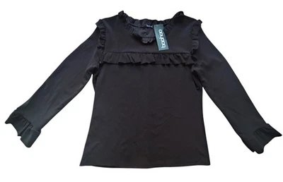 Boohoo Blouse Size 12 Black Jill Ruffle Neck & Cuff Long Sleeve - Image 1 of 4