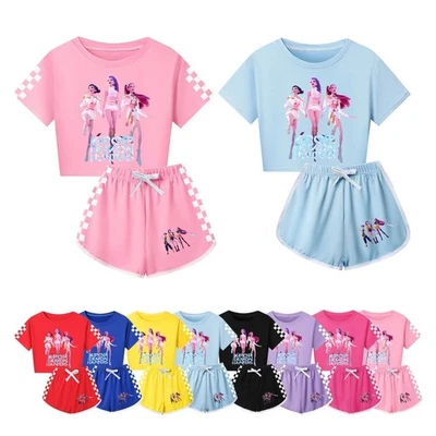 Girls KPop Demon Hunters Tracksuit Cosplay Costume Crop Top Tee+Shorts Sets Gift - image 1 of 4