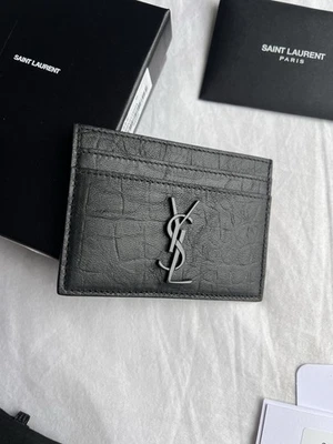 BNIB Authentic Saint Laurent Leather Card Holder Croc Embossed Black Monogram - Image 1 of 4