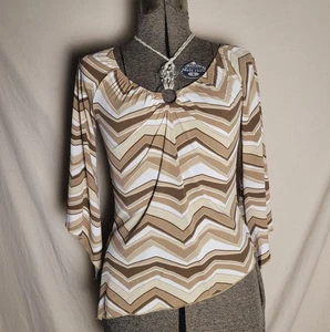 Vintage 90s Y2K Kiwi Brown Beige Flare Sleve Asymmetric Hem Top Funky S Boho - Picture 1 of 13