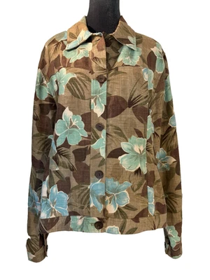 Chaqueta Blazer Coldwater Creek Talla L Floral Mezcla de Lino Bolsillos Marrón Turquesa Foto 1 de 4