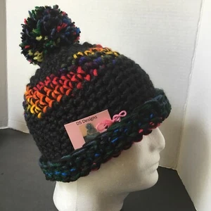 Handmade Winter Beanie, BLACK with Rainbow & Pom, Soft And Warm, Wool Blend, NEW - Picture 1 of 3
