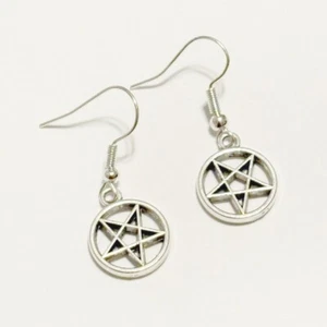 Fandom Pentacle Inverted Pentagram Antique Silver Dangle Earrings. - Picture 1 of 3