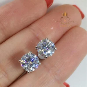 Moissanite Stud Earrings Solid 14K White Gold 2 Carat Round Brilliant Cut VVS1 - Picture 1 of 9