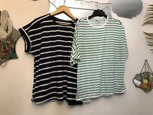 BUNDLE 2 SHORT SLEEVE TOPS 14 NEXT GREEN WHITE STRIPE SHEIN NAVY WHITE STRIPE - Picture 1 of 3