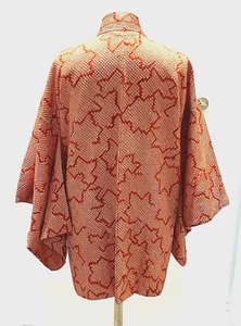 Vintage Japanese Peach/Pink Maples FULL SHIBORI Kimono Haori Jacket  & Himo M/L - Picture 1 of 15