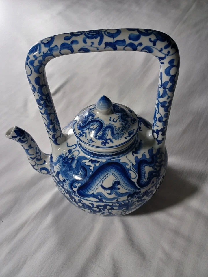 Blue and White Porcelain Dragon Teapot Kettle with Square Handle Chinese Marked - Image 1 of 4