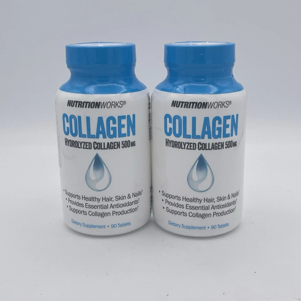 Nutrition Works Hydrolyzed Collagen 500 mg 90 Tablets Expires 10/2025 Lot Of 2 - Imagem 1 de 4