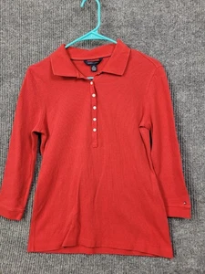 Tommy Hilfiger Womens Small Red Thermal Top Collared Pullover Button Henley Long - Picture 1 of 10