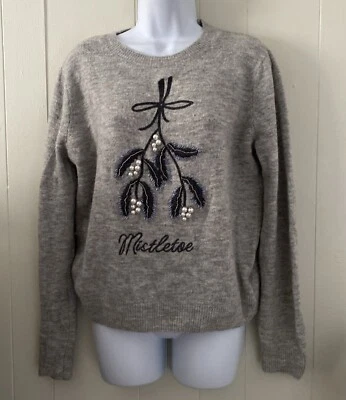H&M серый пуловер свитер Sz маленький омела Рождество бисером ** читать/отверстие - Изображение 1 из 4