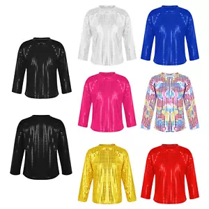 Boys Girls Sparkly Sequins Long Sleeve Hip Hop Jazz Dance Shirt Performance AU - Picture 1 of 82
