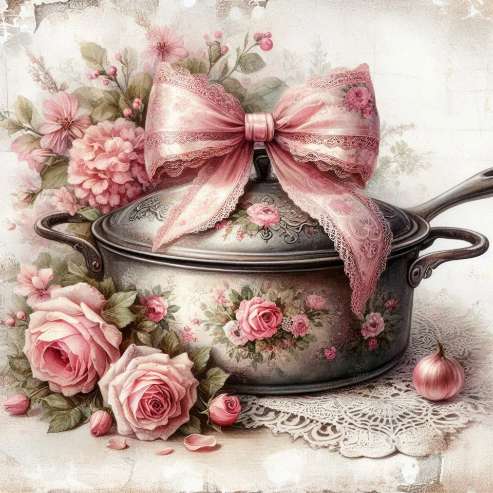 Wandbild Kochtopf Rosen Vintage Shabby Chic Deko Bild Küche Wanddeko Wandfliese - Bild 1 von 1