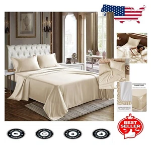 Silky Soft King Size Satin Sheet Set - 4 Pieces with Deep Pocket Fitted Sheet - Picture 1 of 10