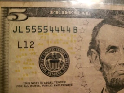 Very Cool RARE 2009 $5 JL55554444B Binary Fancy Note Worth Grading LOOK - Image 1 of 4