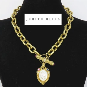 NYJEWEL Judith Ripka 18k Gold Gemstone & Diamond Cameo Pendant Necklace 16.5" - Picture 1 of 6