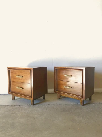 Mid Century Modern Pair of Two Drawer Nightstands with Brass Hardware Cover