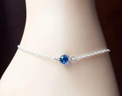 1Ct Round Blue Lab-Created Sapphire Anklet Cuban Rope 9 in 14K White Gold Plated - Image 1 of 4