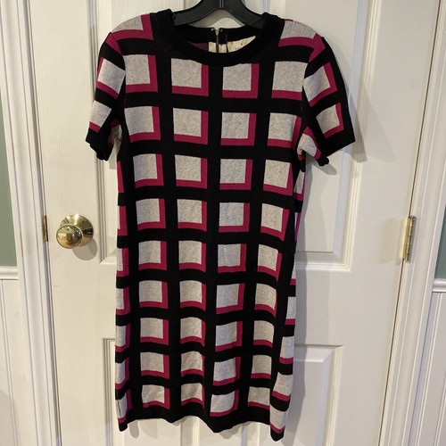 Mini abito Kate Spade New York stampato a quadretti nero fucsia grigio Xs lana cashmere