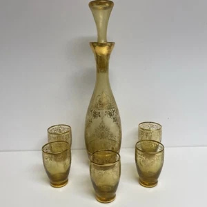 Vintage Italian Murano Amber Gold Decanter And 5 Glasses - Picture 1 of 15