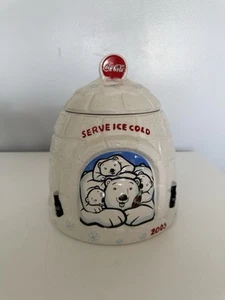 2005 COCA COLA COKE IGLOO POLAR BEAR COOKIE JAR WHITE, BLUE SNOWFLAKES 9” EUC - Picture 1 of 12