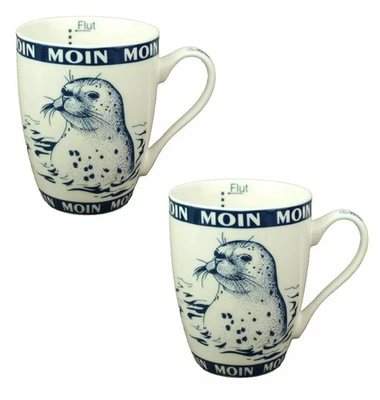 2x maritimer Becher Seehund Moin Moin Ebbe Flut 300ml Porzellan II.Wahl (1252) - Bild 1 von 4