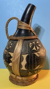 Vtg Jug Boho Wicker Rattan Wrapped Hand Carved Black Gourd Water Pitcher Decor - Picture 1 of 11