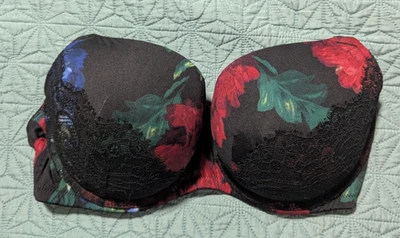 Cacique Bra 38DDD Push Up Black Bra with Red and Blue Flowers Boost Balconette - Image 1 of 4