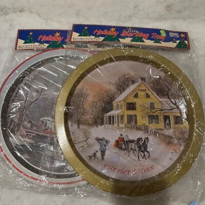 Holiday Serving Tray Currier & Ives Winter Scene Metal 13" Round Christmas - Image 1 of 4