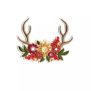 Deer Antlers With Flower Bouquet Embroidered Iron On Patch DIY Applique - Picture 1 of 2