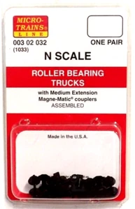 N Scale Micro Trains 302032 Roller Bearing Trucks w/Medium Couplers (1) Pair - Picture 1 of 3