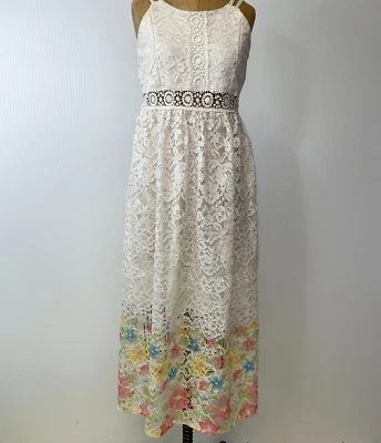 Vestido Bonnie Jean Niña 16 Maxi Floral Encaje Transparente Forrado Corbata Trasera Pastel Boho Core Foto 1 de 4