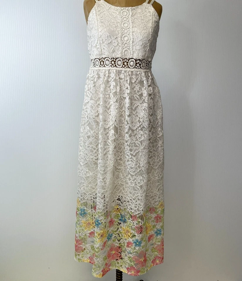 Bonnie Jean Dress Girl 16 Maxi Floral Lace Sheer Lined Tie Pastel Party Core Go - Image 1 of 4