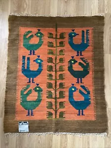 VINTAGE 60s DANISH WOVEN RUG BIRD MOTIF WAWEL BROSTE ORIGINAL LABEL 106 X 90cm - Picture 1 of 21