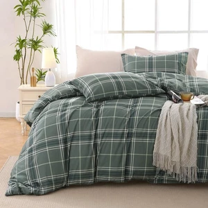 Duvet Cover Queen Size, Reversible Floral Grey Plaid Duvet Cover Set with Zip... - Picture 1 of 4