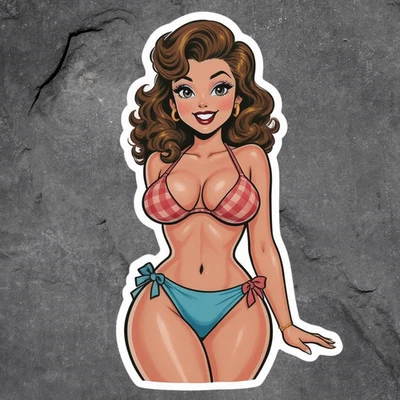 BUMBLEBEE APPAREL Pinup girl sticker vinyl decal busty sexy seductive cleavage bikini brown hair
