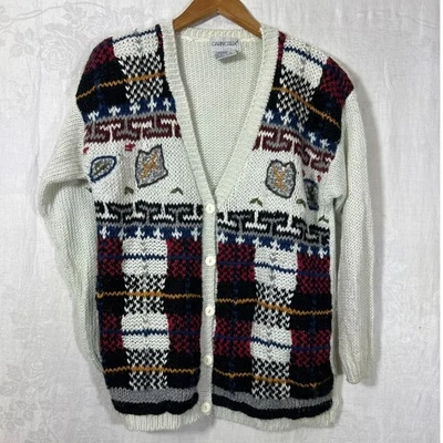 Cárdigan Vintage Fair Isle XL Crema Rojo Azul Geométrico Grueso Tejido Otoño Cuadros Foto 1 de 4