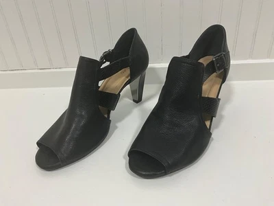 Johnston & Murphy Cuero Negro Correa Sueca Mujer 10M Zapato de Cuña Punta Abierta Foto 1 de 4