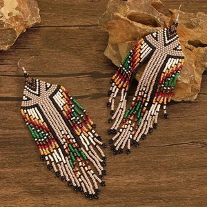 Pendientes Tribales Nativos Grandes Boho Americanos Semilla Cuentas Hecho a Mano Pendiente - Imagen 1 de 2