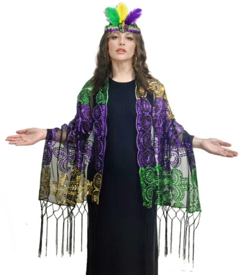 Mardi Gras Outfits for Women Shawl Wrap Scarf with Feather Headband Costume Set - Image 1 of 4