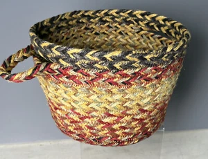 RARE Vintage Antique Small Handcrafted Primitive Handled Woven Rag Basket  - Picture 1 of 6