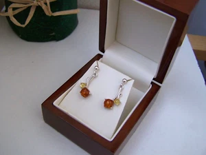 GORGEOUS MODERNIST 925 SOLID STERLING SILVER TWO TONE AMBER DROP DANGLE EARRINGS - Picture 1 of 5