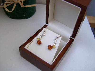 GORGEOUS MODERNIST 925 SOLID STERLING SILVER TWO TONE AMBER DROP DANGLE EARRINGS — 第 1/4 张图片