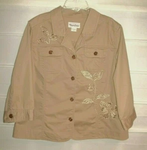TanJay Beige Tan Embroidered Beaded Jacket Shirt Top 3/4 Sleeves Size 14 EC! - Picture 1 of 8