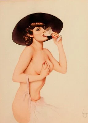 MARTINI GIRL Alberto Vargas pinup 30s Deco MidCentury Pin-Up Hat HOME BAR NUDE - Image 1 of 4