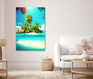 Arte de pared isla tropical con palmeras y lienzo de playa sin marco o impresión de póster - Imagen 1 de 3