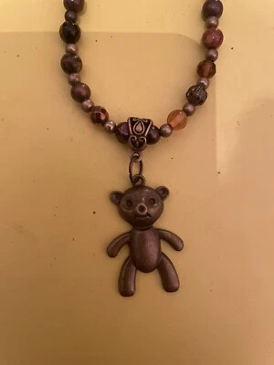 Collar Retro Vintage Bronce Oso de Peluche Colgante Jaspe Hematita Cristal Foto 1 de 3