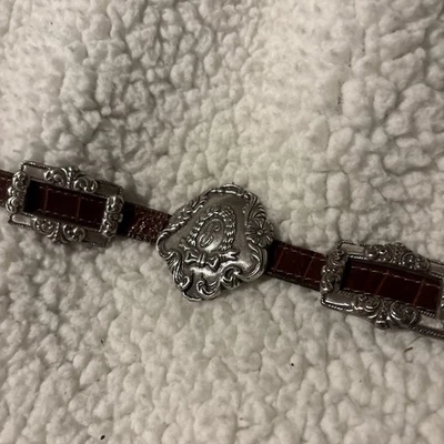 Cinturón de cuero marrón medallón camafeo plata Brighton vintage 1993 talla S Foto 1 de 4