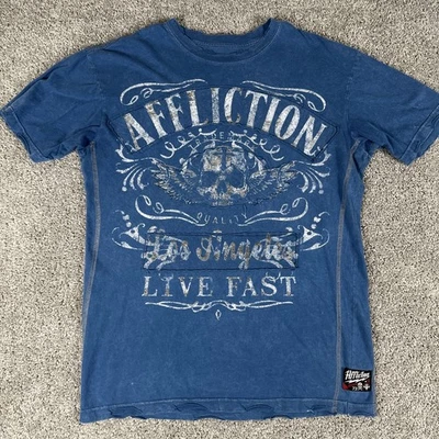 Affliction Shirt Mens L Blue Slim Fit Rope Stitch Skull Double Sided Tee Y2K - Image 1 of 4