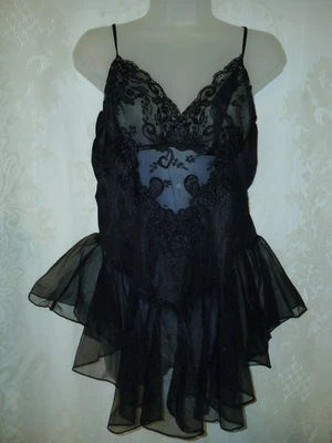 复古 80 年代私人奢侈品黑色透明雪纺褶边裙泰迪内衣 L  — 第 1/4 张图片