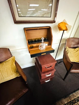 Vintage Wooded MCM Wall-Mounted (Murphy Bar) Pull Down - Roll Top Liquor Cabinet - Image 1 of 4